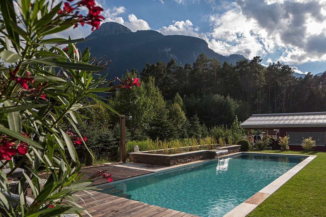 Living Pool in Austria with Stainless Steel Waterfall