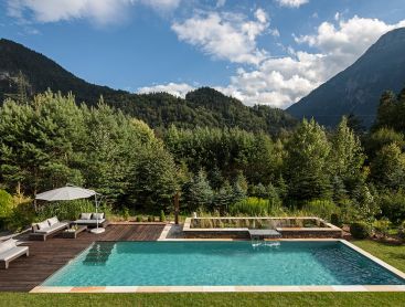 Living Pool in Austria with Stainless Steel Waterfall