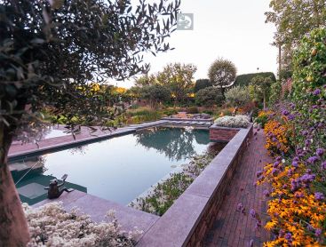 Natuurlijk zwembad met bloemenperk en tuinmuur in avondlicht