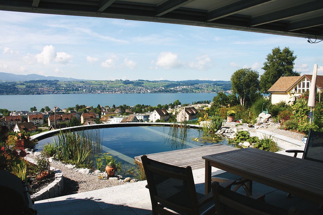 natural pool in Switzerland with view over lake zurich
