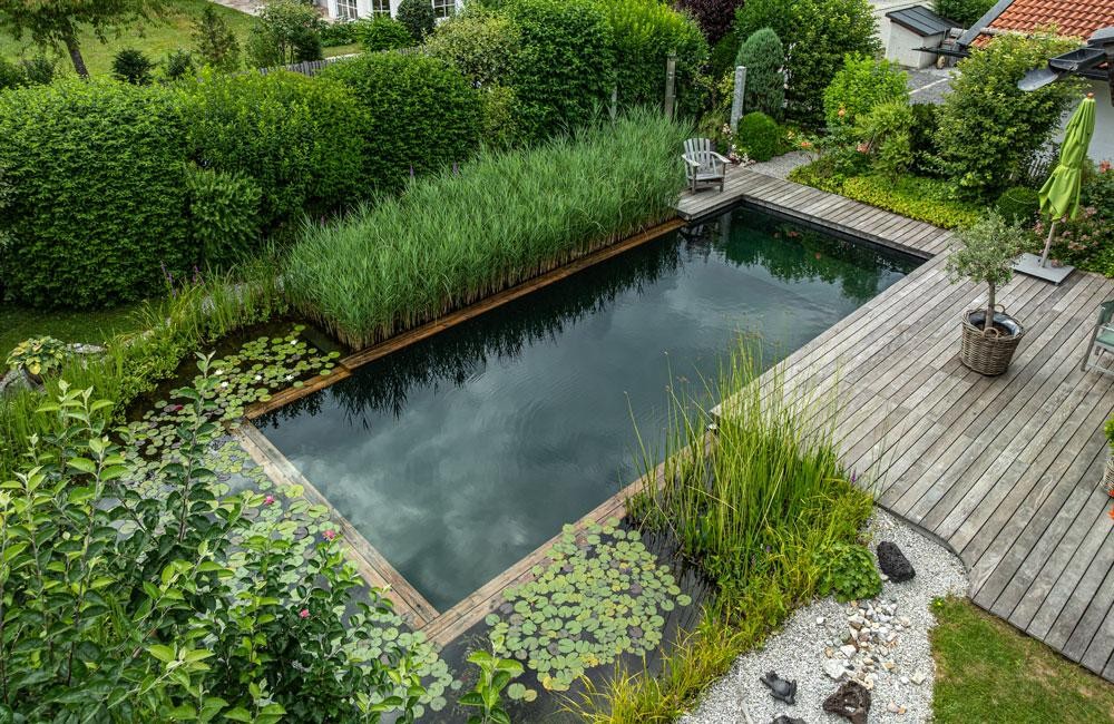 Natuurzwembad met houten terras