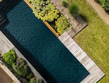 Zwemvijver van boven met waterlelies en houten vlonder