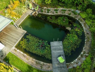 Zwemvijver van bovenaf met houten dek waterlelies en natuurlijke tuin